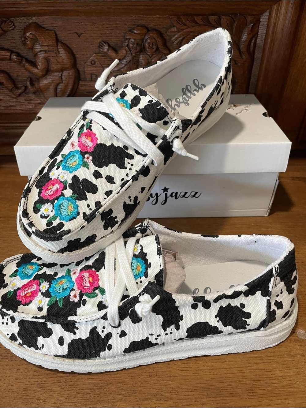 Gypsy Jazz Cow Print Canvas Shoes with Pink & Teal Floral Embroidery - Picture 2 of 6